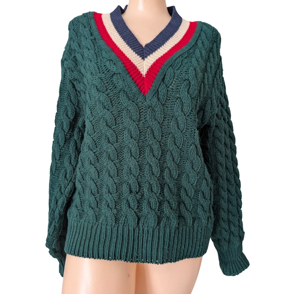 VTG Cableknit Tennis Sweater Women Medium Chunky Varsity Rugby‎ Cricket Preppy